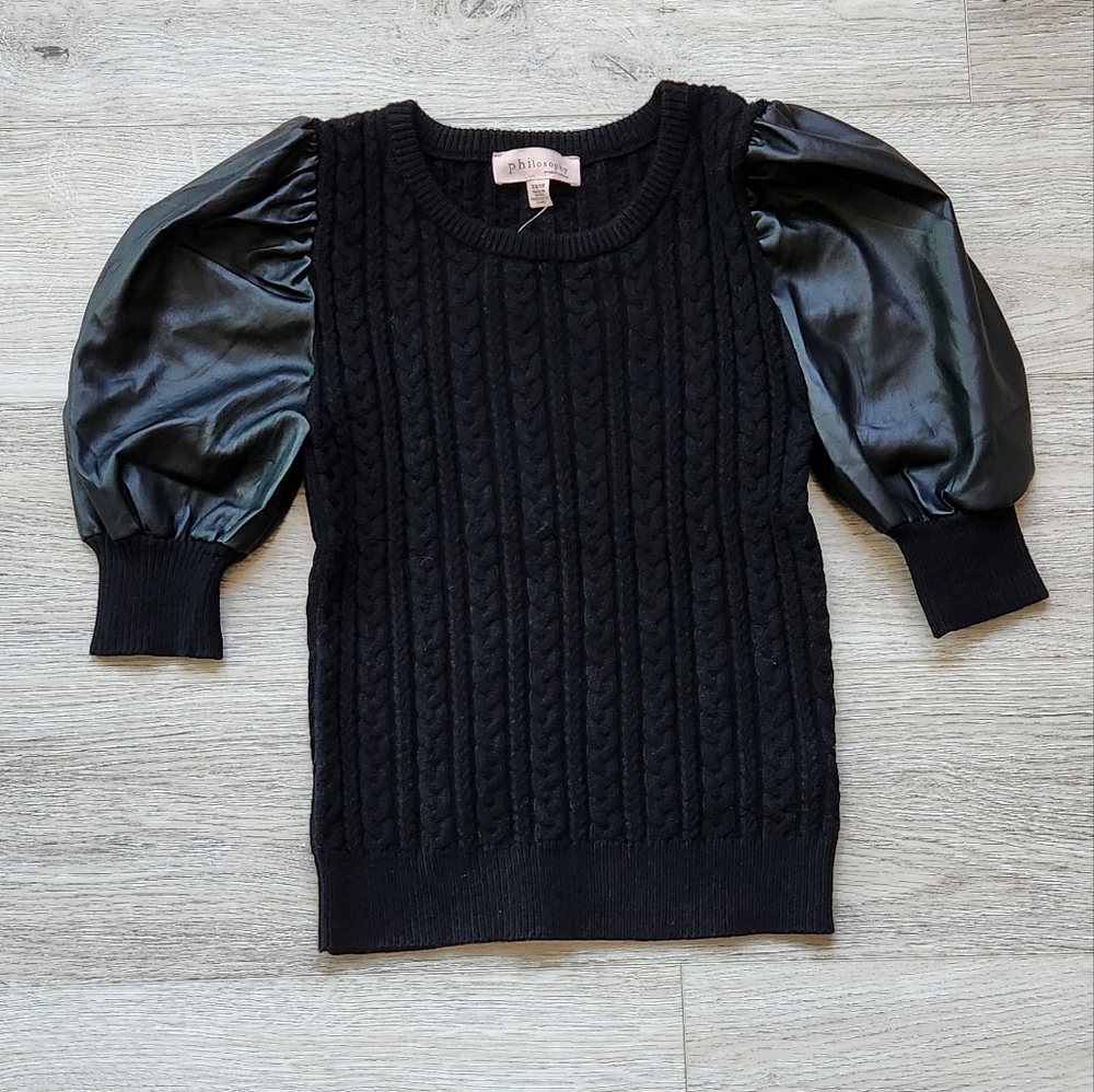 Philosophy Black Sweater with Faux Leather Puff Sleeve Womens Xs Cable Knit
